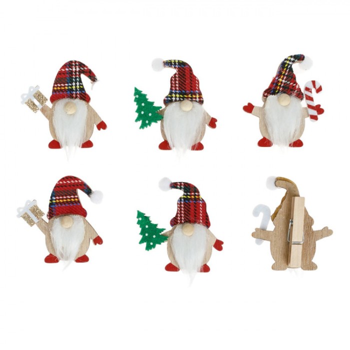 Clestisori Decorativi Craciun, Gnome, Set 6 Buc, Caciula Rosie in Carouri, Lemn