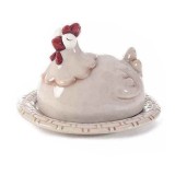 Cumpara ieftin Platou din ceramica bej cu capac model Gaina 19x16x13 cm