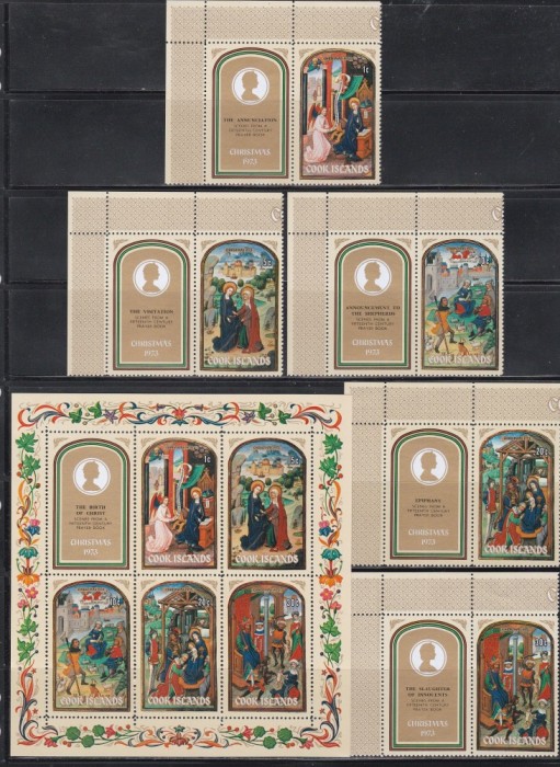 Cook 1973 - Crăciun, Serie cu Viniete + Bloc + 5 Colite, 4 POZE, SET COMPLET, MNH