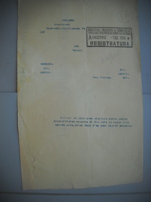 HOPCT DOCUMENT VECHI 385 MINISTERUL INDUSTRIEI COMERT EXTERIOR /BUCURESTI 1936 foto