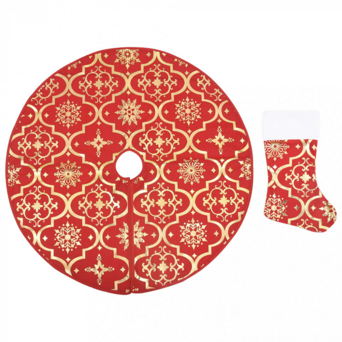 Covor fustă de brad Crăciun cu șosetă, roșu, 90 cm, țesătură
