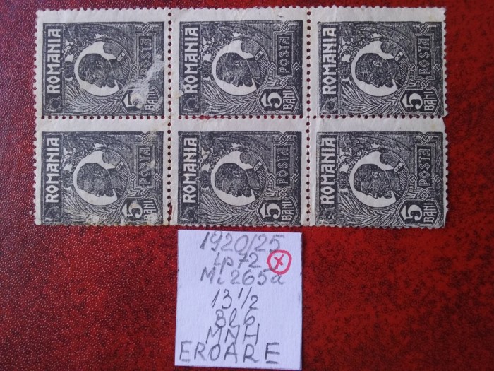 1920- Romania- Ferd. b. mic Mi265a-bl.6-EROARE-MNH