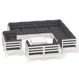 Set mobilier gradina cu perne, 12 piese, alb, lemn masiv pin
