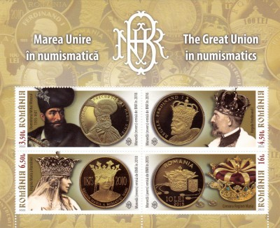 ROMANIA 2022 MAREA UNIRE IN NUMISMATICA SBloc cu 4 valori LP.2396a MNH** foto