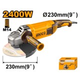 Polizor unghiular flex 2400 w 230 mm 6300 rpm, pentru taiere si slefuire a metalului si pietrei - Ingco AG24008E