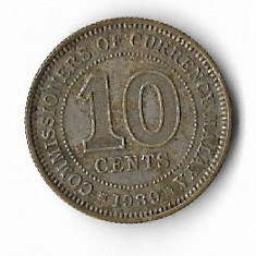 Moneda 10 cents 1939 - Malaya, 2,71 g argint 0,720
