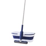Set mop cu galeata pliabila, albastru, 32 cm, maner telescopic 140 cm, stoarcere eficienta, cu roti