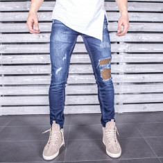 Blugi pentru barbati, albastri, slim fit, conici, casual, skinny, rupturi decorative - 0058 foto