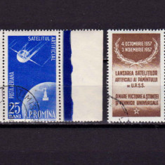 RO 1957 ,LP 444a ," Sateliti artificiali ",serie vinieta stanga , stampilat