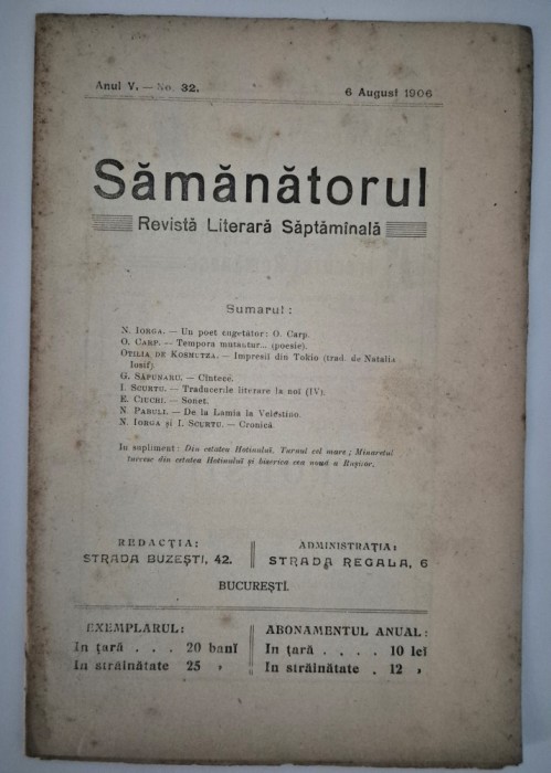 Carte veche Revista Samanatorul An 5 numar 32 1906