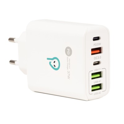 ALIMENTATOR retea SPACER Quick Charge 37W, 1 x USB Type-C 20W + 1 x USB QC 3.0 18W, 2 x USB 2.4A + 1 x USB Type-C 2.4A &amp;quot;SPAR-CINQUEQ-01&amp;quot; (timbru verde foto