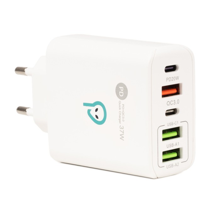 ALIMENTATOR retea SPACER Quick Charge 37W, 1 x USB Type-C 20W + 1 x USB QC 3.0 18W, 2 x USB 2.4A + 1 x USB Type-C 2.4A &quot;SPAR-CINQUEQ-01&quot; (timbru verde