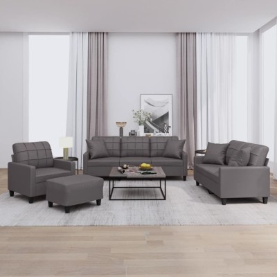 vidaXL Set de canapele cu perne, 4 piese, gri, piele ecologică foto