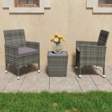 Set mobilier bistro, 3 piese, gri, poliratan/sticlă securizată