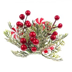 Inel Decorativ Crăciun, Verde, Ramuri Brad &Icirc;nzapezite, Acadele și Pomușoare, Diametru 18cm, Plastic