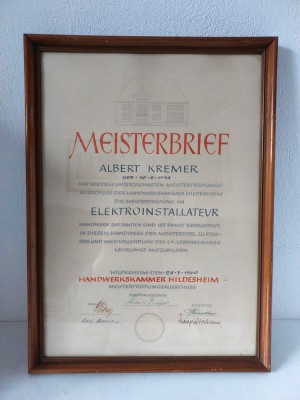 Certificat de mester Instalator Electrician 1960 - Meisterbrief - Elektroinstallateur, Germania, inramat si sub sticla, semnat si stampilat foto