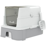 PawHut Litieră Acoperită Pisici 3 &icirc;n 1, Capac, Tavă Oțel Inox Detașabilă, Lopățică, 68L, Alb Gri