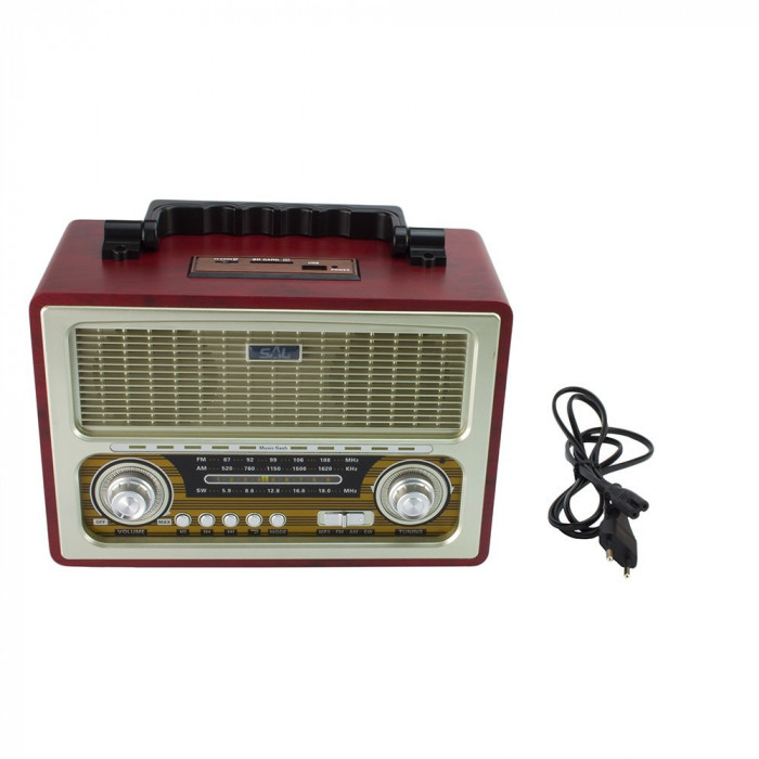 Radio portabil retro, bluetooth, 6w, mp3, usb, sd, 3 benzi am fm sw, sal