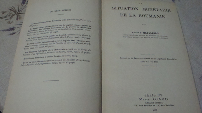 Victor V. Badulesco-La situation monetaire de la Roumanie-Paris-1930-in franceza