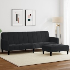 vidaXL Canapea extensibilă cu taburet, 2 locuri, negru, catifea