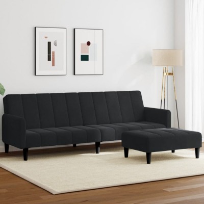 vidaXL Canapea extensibilă cu taburet, 2 locuri, negru, catifea 3258101 foto
