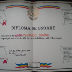 Diploma onoare aniversare Regimentul 15 Dorobanți, 120 ani de la infiintare