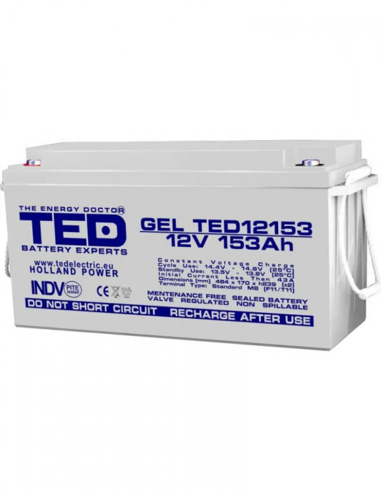 Acumulator 12V, TED Electric, GEL Deep Cycle Solar, Dimensiuni 483 x 170 x 240 mm, Baterie 12V 153Ah M8