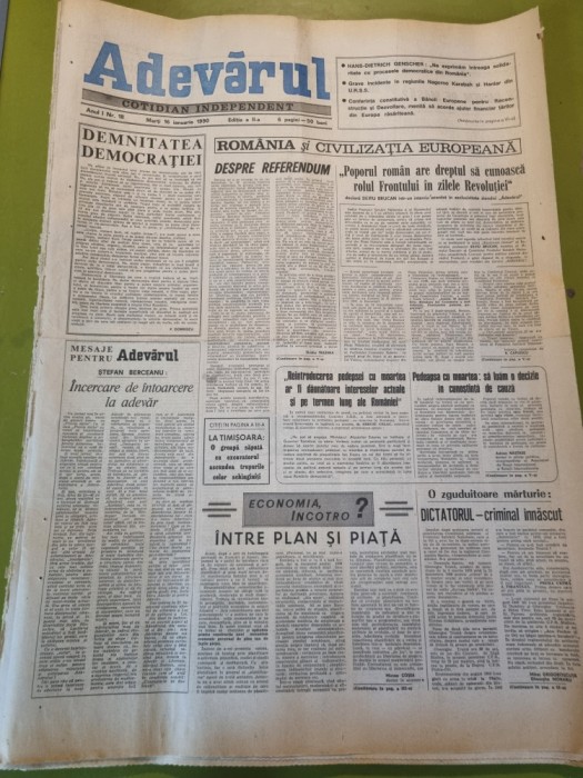adevarul 16 ianuarie 1990-140 ani de la nasterea lui mihai eminescu