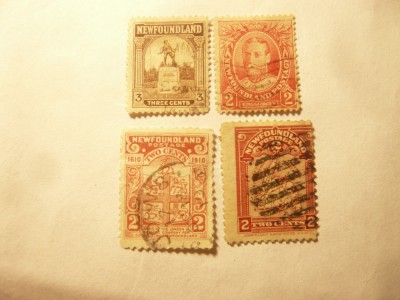 4 Timbre Newfoundland Canada colonie britanica : 2c 1910,1911 ,3c 1923 ,2c 1928 foto