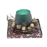 Suport lumanare verde cu decor de iarna si conuri