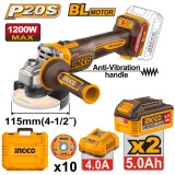 Flex Unghiular Industrial 20V 115mm 1200W Brushless INGCO CAGLI2120252E, 3000/6000/9000 rpm, filet M14, maner anti-vibratii, 2 acumulatori 5Ah + incar