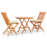 Set Bistro 3 Piese vidaXL, Lemn Masiv Tec, Pliabil, cu Perne Crem, Gradina/Terasa, 60x60x65cm