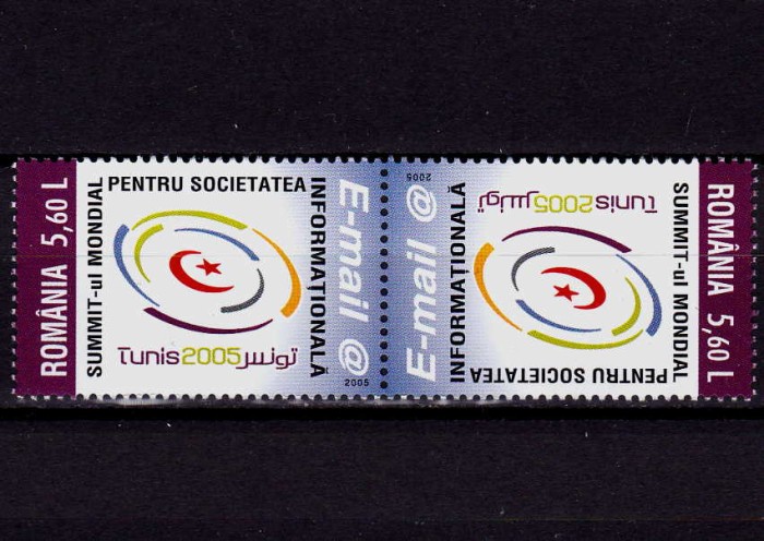 RO 2005 LP 1696a,&quot;Summit-ul Soc. Info. Tunis &quot;, pereche tete-beche, MNH