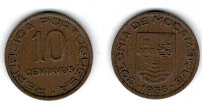 Mozambic 1936 - 10 centavos, circulata foto