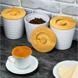 Recipiente pentru cafea, ceai, zahar, din inox-bambus, albe reliefate, Klausberg