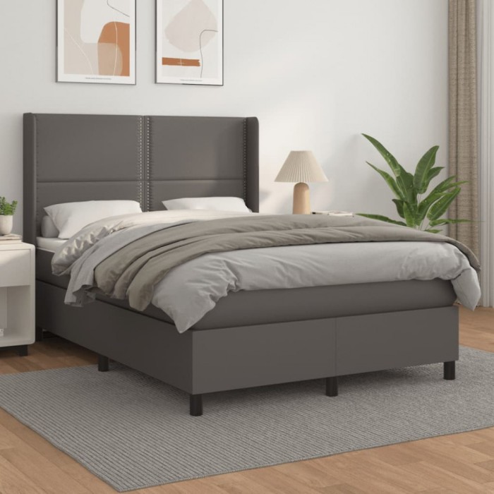 vidaXL Pat box spring cu saltea, gri, 140x200 cm, piele ecologică 3132445
