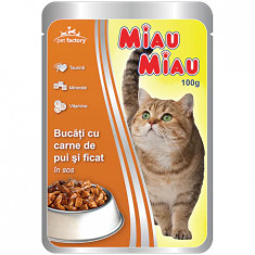 Hrana umeda pentru pisici Miau-Miau, Pui si Ficat in sos, plic 100 g