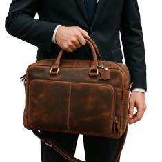 Geantă Barbati office tip Servietă ideala pentru laptop, Documente, Acte - Model Vintage Maro, Piele Naturala, 40x30x10 cm