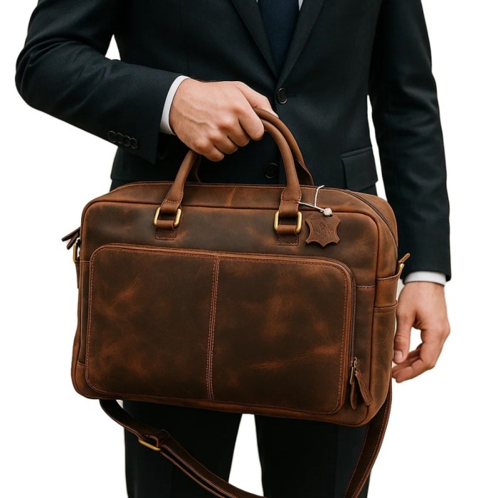 Geantă Barbati office tip Servietă ideala pentru laptop, Documente, Acte - Model Vintage Maro, Piele Naturala, 40x30x10 cm