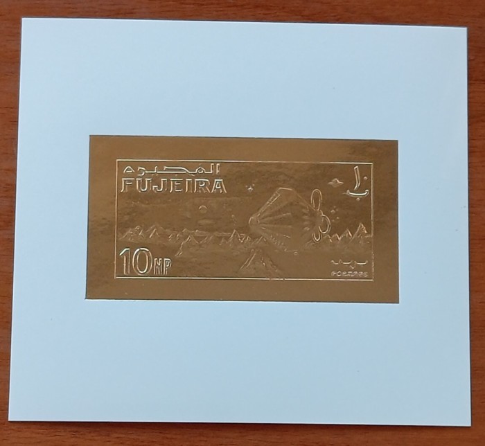 FUJEIRA-1970-Cosmos-&#039;&#039;APOLLO 11 - realizari spatiale&#039;&#039;-COLITA +2Timbre-dant si nedant&#039;&#039;Metalizate--tiraj redus-MNH NESTAMP. -vezi scan