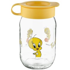 Borcan din sticla cu lingurita si capac Tweety pentru depozitare, servirea mesei la copii, 13 cm foto