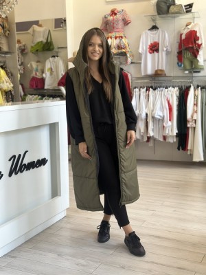 Vesta lunga dama kaki mata cu gluga foto