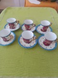 Portelan pictat, vintage,set de 6 cesti pictate cu accente albastre