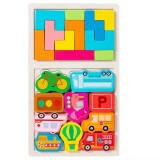 Joc tetris pentru copii, puzzle educativ, masini, lemn, 21 piese, Montessori, multicolor, 28.5 x 17 x 1.2 cm