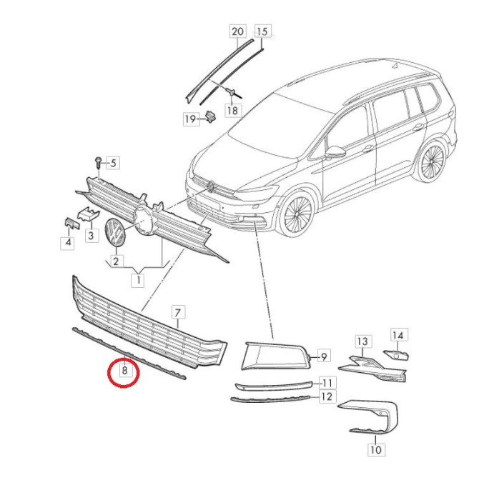 Bandou grila bara protectie fata VW TOURAN (5T), 05.2015-, Centrala, cromat