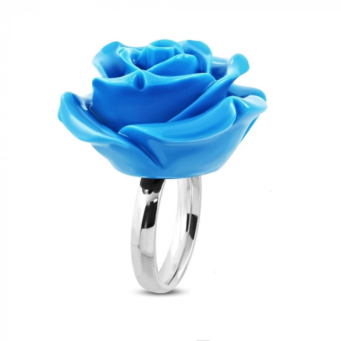 Inel din oțel inoxidabil - trandafir &icirc;nflorit, rășină albastră strălucitoare - Marime inel: 49