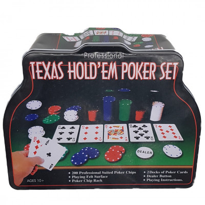 Set Poker Texas Holden negru 200 jetoane, 2 carti, covoras, 3 butoane, cutie foto
