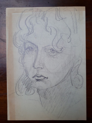 11. Portret de tanara femeie, schita veche, desen vechi creion carbune foto