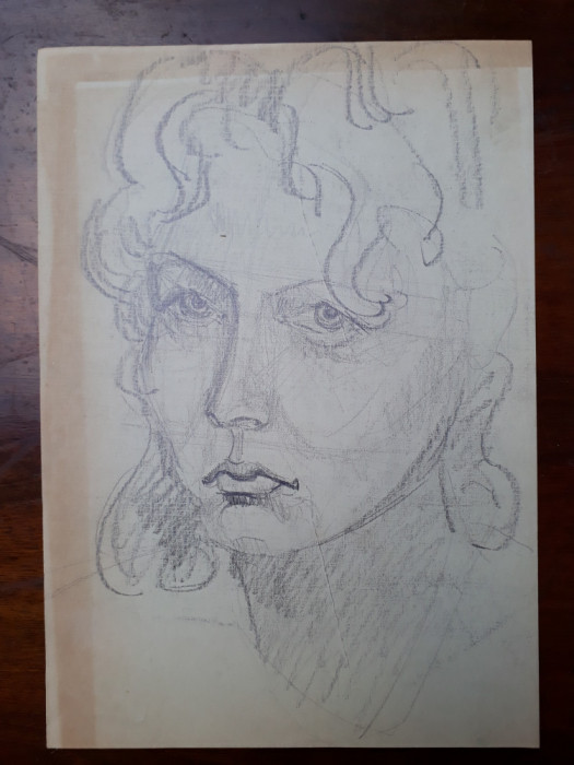 11. Portret de tanara femeie, schita veche, desen vechi creion carbune