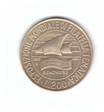 Moneda Italia 200 lire 1992 Expozitia Filatelica Genova 1992, stare foarte buna, Europa, Bronz